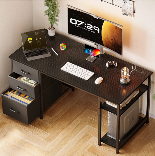 51 Inch Computer Desk with File Drawers & USB Power Outlets- Reversible Home Office Desk with Storage Shelves, Work from Home, Writing Table for Bedroom, Black