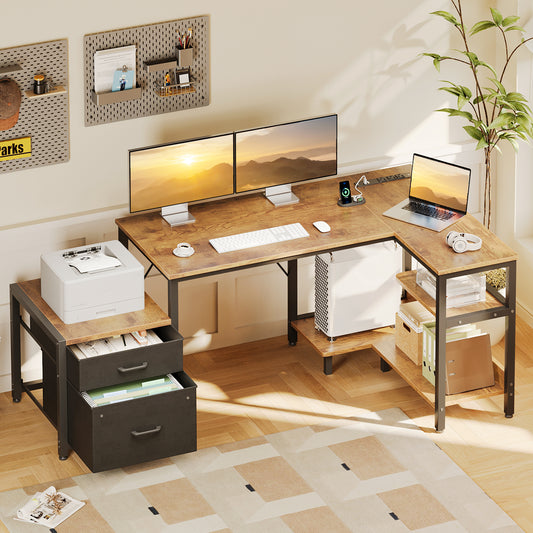Casacomoda 55 Inch L Shaped Desk with Power Outlets, Large Computer Desk with File Drawer, Home Office Desk with Printer Stand & Storage Shelves, Corner Desk, Vintage