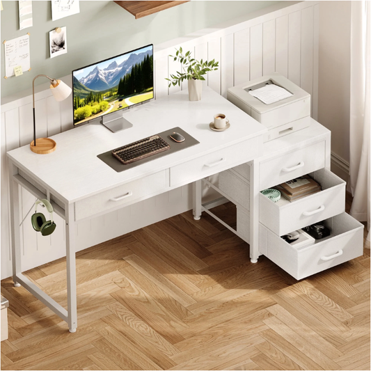 Casacomoda Computer Desk with 5 Drawers & Printer Stand, Reversible Storage Desk for Home Office, 53 Inch Writing Desk with Headphone Hook, White