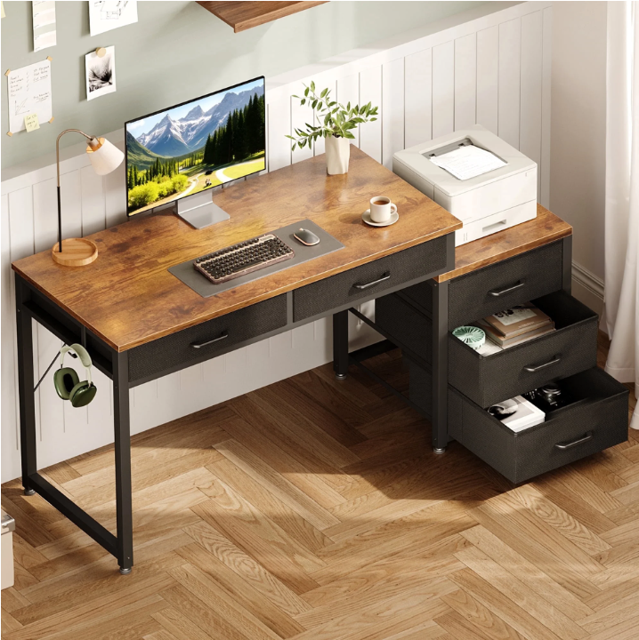 Casacomoda Computer Desk with 5 Drawers & Printer Stand, Reversible Storage Desk for Home Office, 53 Inch Writing Desk with Headphone Hook, Vintage