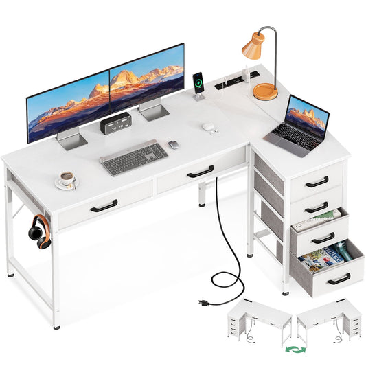Casacomoda 50 inch L Shaped Desk with 6 Drawers, Computer Desk with Power Outlets & USB Ports, Home Office Reversible Corner Desk for Small Space, Study Work Table with Hook, White