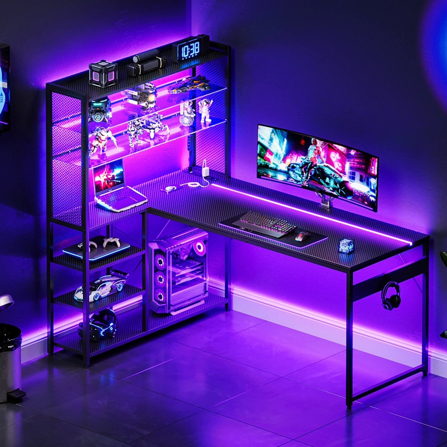 KKL L Shaped Gaming Desk, Reversible Computer Desk with Power Outlet, Gaming Table with LED Lights, L Shaped Desk with Glass Display Storage Shelves, Glass Gaming Desk, Black