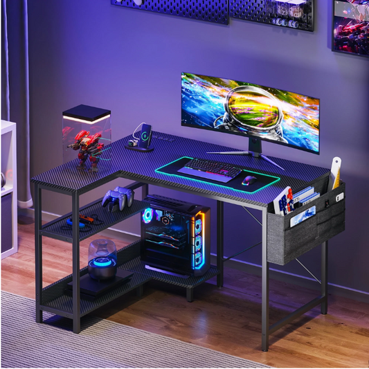 Casacomoda 40 Inch L Shaped Computer Desk with Power Outlet & Storage Shelves, Small Corner Desk with CPU Stand and Fabric Storage Bag, Home Office Desk, Black Carbon