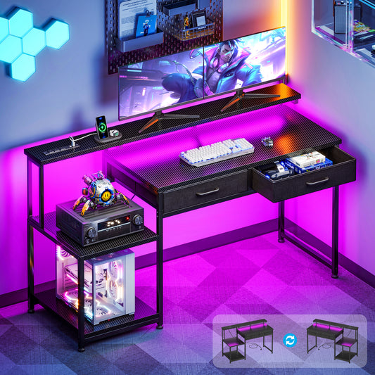 Casacomoda 55 Inch Computer Desk, Gaming Desk with Led Lights & Power Outlet, Office Desk with Printer Stands, Reversible Desk with Monitor Shelf, Carbon Fiber Black