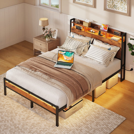 Queen Size Bed Frames, Storage Headboard with Charging Station, RGB Light Strips, Solid and Stable, Noise Free, No Box Spring Needed, Easy Assembly, Rustic Brown