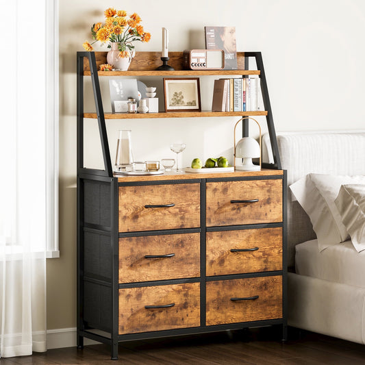 Casacomoda Dresser for Bedroom with 6 Fabric Drawers, Fabric Dresser with Open Shelves and Wood Top, Storage Chest of Drawers for Living Room, Hallway, Vintage
