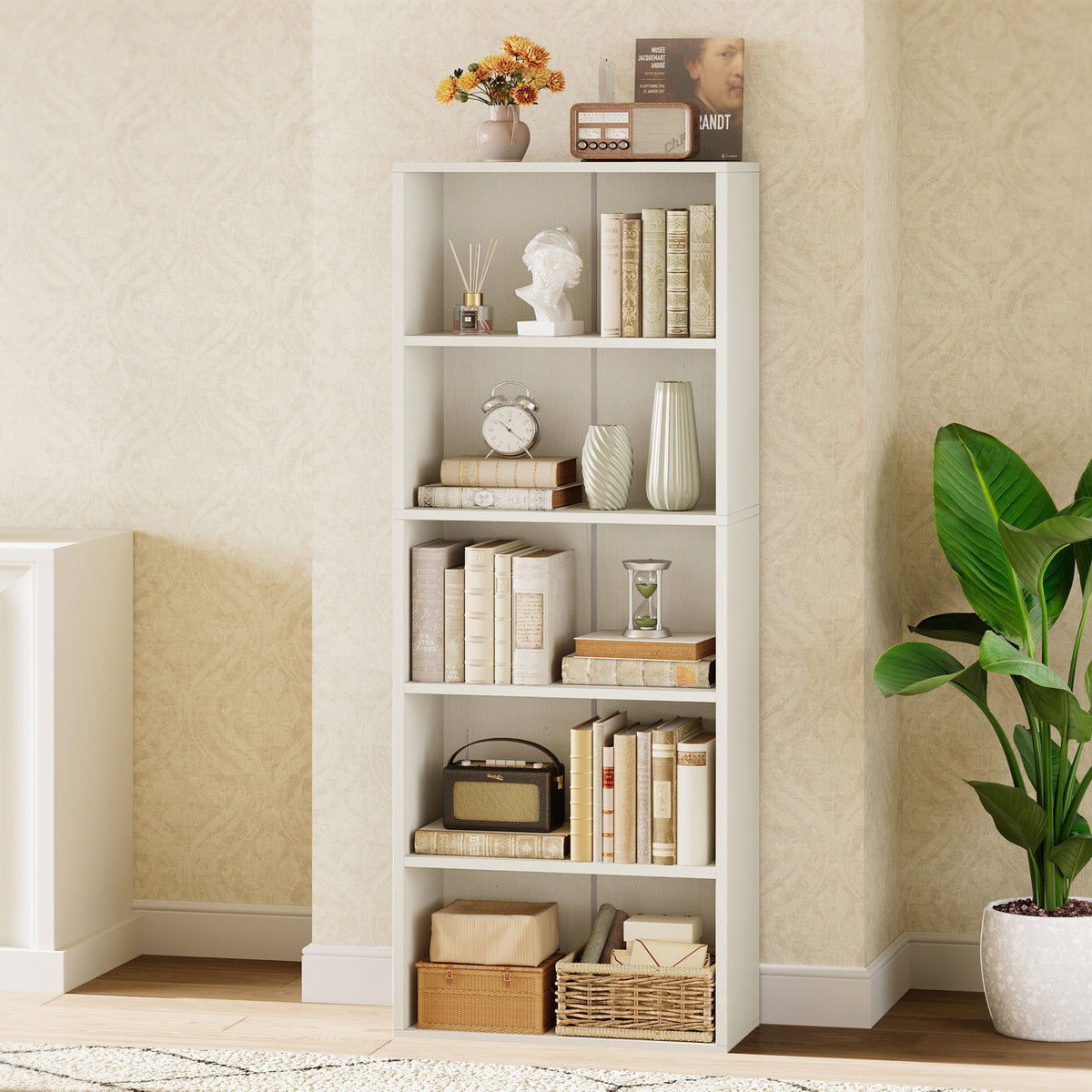 Casacomoda Tall Bookcase, Bookshelf, 5-Tier Display Storage Shelf, Space-Saving Bookshelf for Living Room, Bedroom, Home Office, Antique White