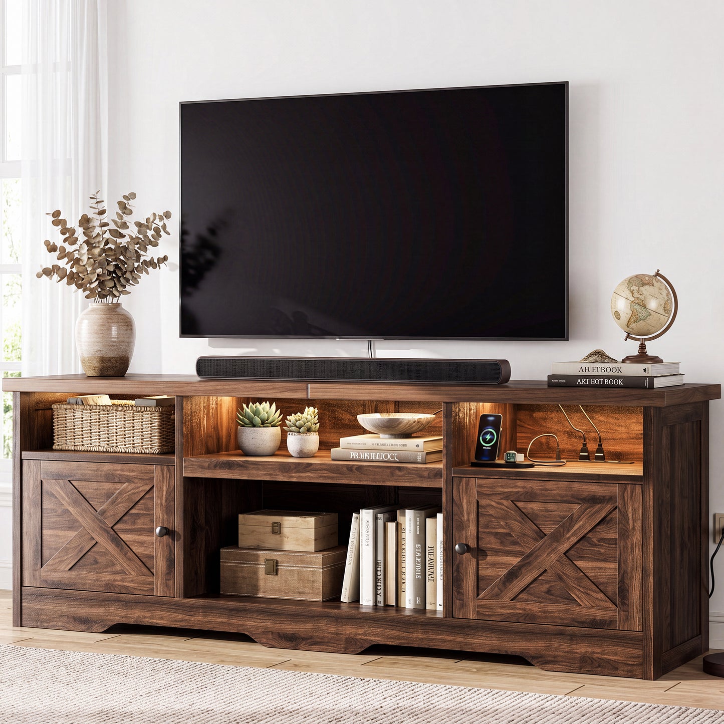 Casacomoda Farmhouse LED TV Stand for 80 inch TVs, Entertainment Center with Power Outlet, Media Console with Storage Cabinets and Shelves, Walnut