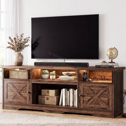 Casacomoda Farmhouse LED TV Stand for 80 inch TVs, Entertainment Center with Power Outlet, Media Console with Storage Cabinets and Shelves, Walnut