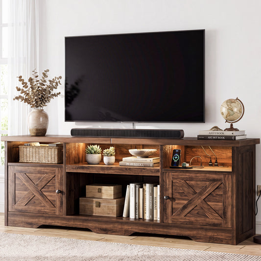Casacomoda Farmhouse LED TV Stand for 80 inch TVs, Entertainment Center with Power Outlet, Media Console with Storage Cabinets and Shelves, Walnut