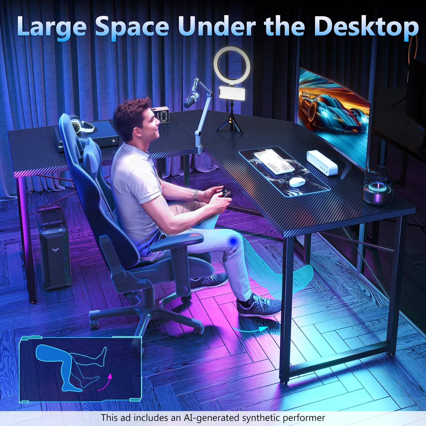 Casacomoda Computer Desk L Shaped, 51 Inch Reversible L Shaped Desk, Gaming Desk, Home Office Desk, Carbon Fiber Black