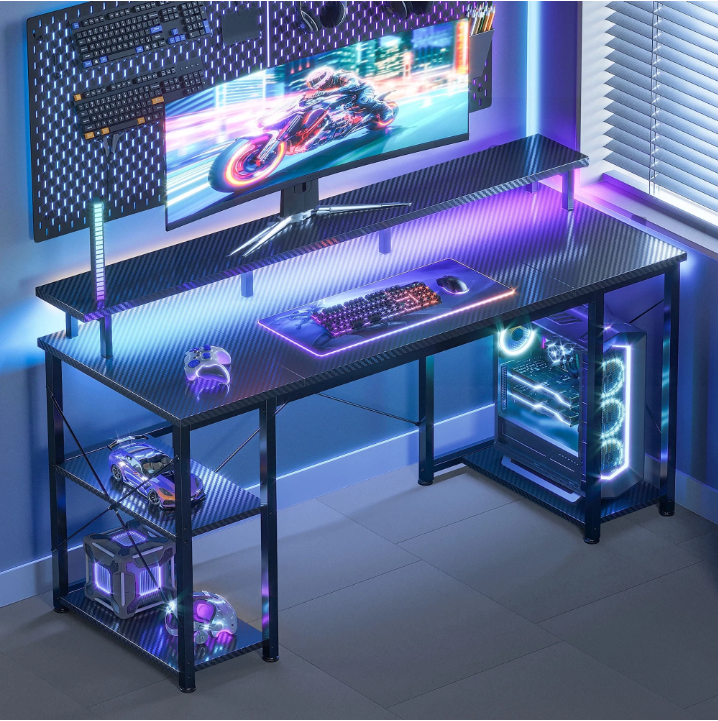 Casacomoda 48 Inch Gaming Desk with LED Lights, Computer Desk with Monitor Stand, Storage Shelves and CPU Stand, Home Office Desk, Black