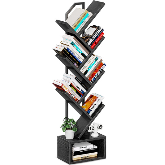 Casacomoda 6-Tier Tree Bookshelf for Corner & Small Space — Narrow Steel & Wood Bookcase, Tall Floor Standing Book Organizer Shelf with Storage Cabinet, Home Decor for Living Room, Bedroom, Black