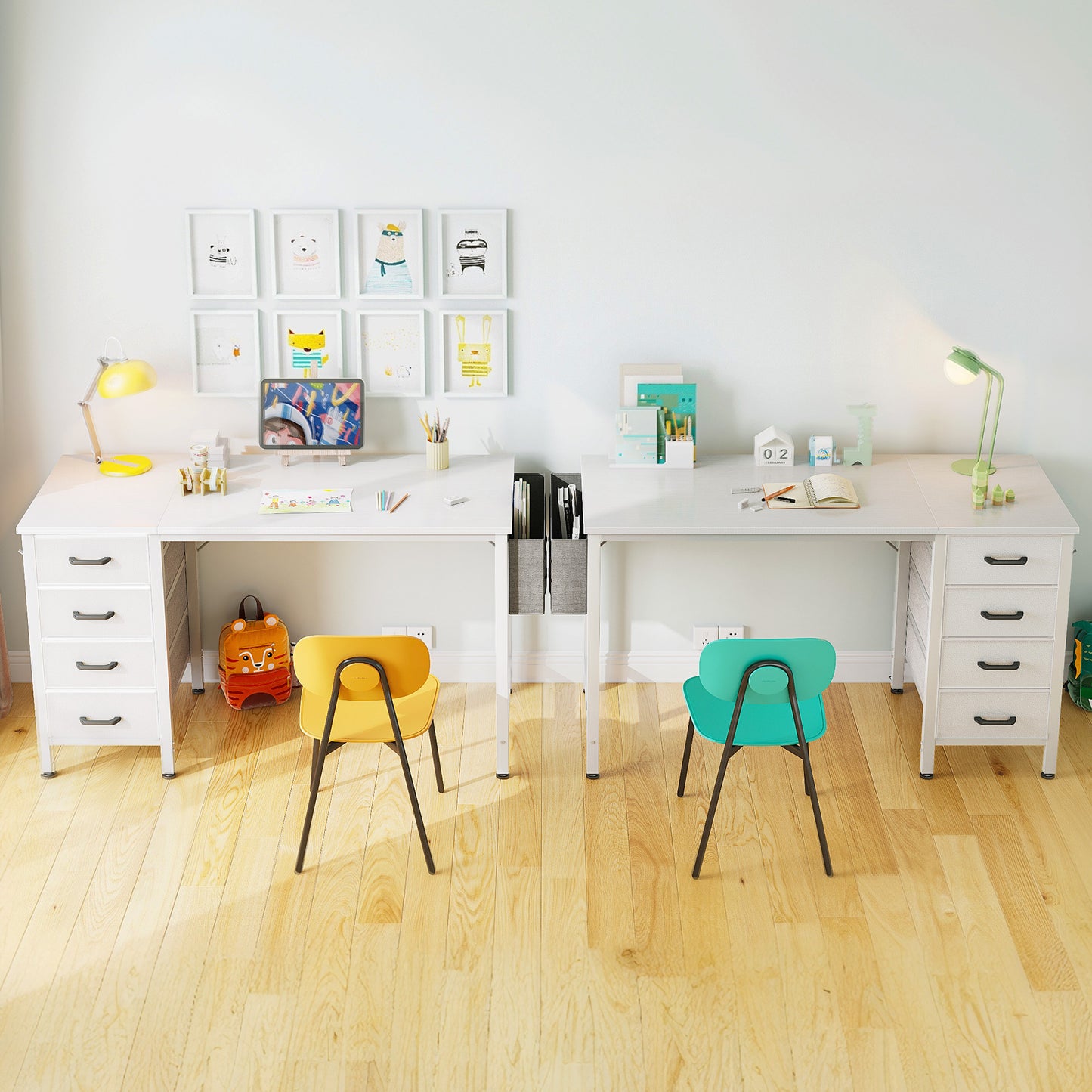 Casacomoda Small Computer Desk with 4 Fabric Drawers — Home Office Desks with Storage, Writing Desk with Side Hook and Cloth Bag, Study/Work Table for Bedroom and Small Space, White