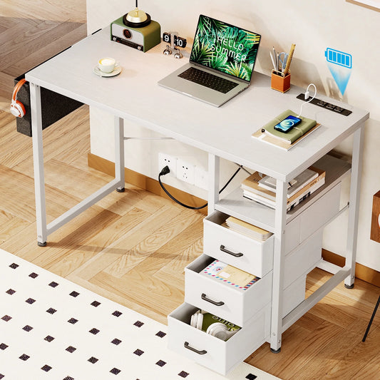 Casacomoda 40 Inch Small Computer Desk with Fabric Drawers and Charging Station, Home Office Desk with Storage Shelf, White