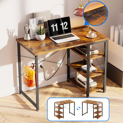 Casacomoda 32 inch Writing Desk with 3 Tier Shelves for Small Space, Computer Table with Power Outlets, Vintage