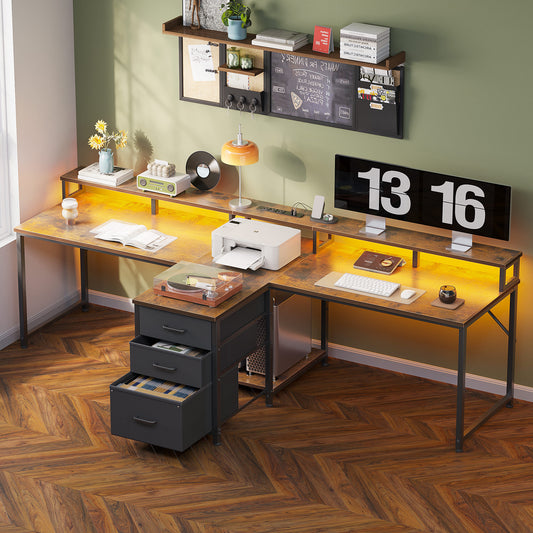 2 Person Desk with Power Outlet & LED Light, Extra Long Double Computer Desk with Fabric Drawers & File Cabinet, 94 Inch Writing Desk with Monitor Stand, T Shaped Gaming Desk, Vintage