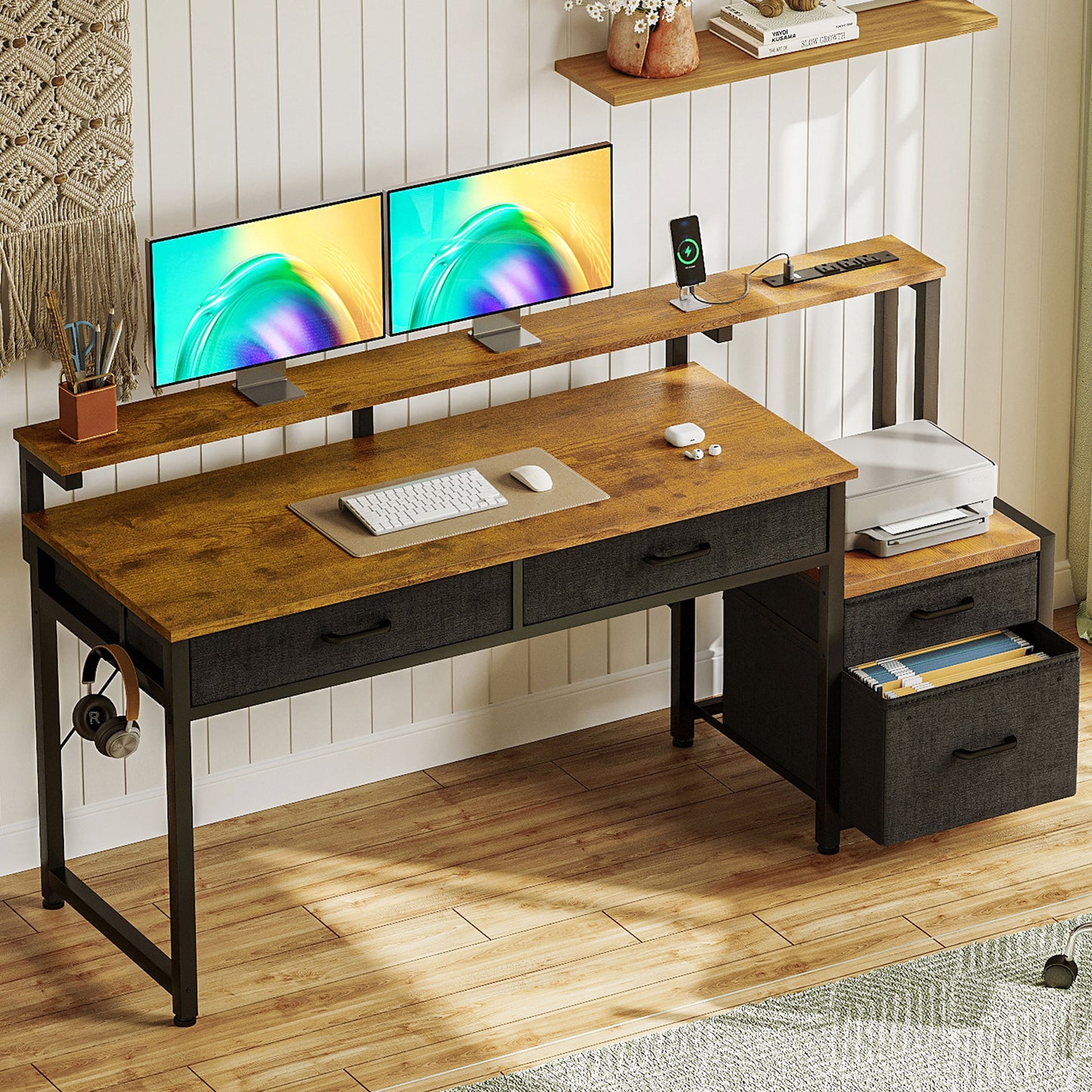 Computer Desk with 4 Drawers, 55 Inch Reversible Desk with Power Outlet, Home Office Desk with File Drawer & Monitor Stand, Vintage