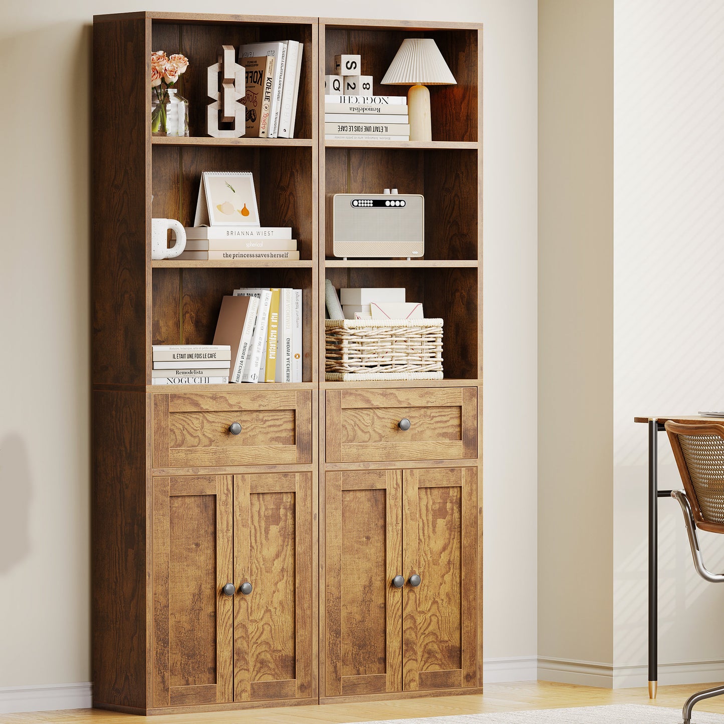 Vintage 5-Tier Tall Bookcase with Drawer and Cabinet, Modern Bookshelf for Home Office, Living Room or Bedroom, Easy Assembly & Stable Structure