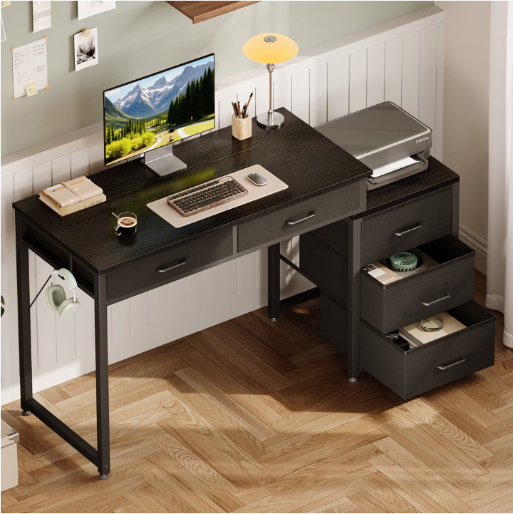 Casacomoda Computer Desk with 5 Drawers, Reversible Home Office Desks with Printer Stand, Study Writing Table Workstation for Small Spaces, Black