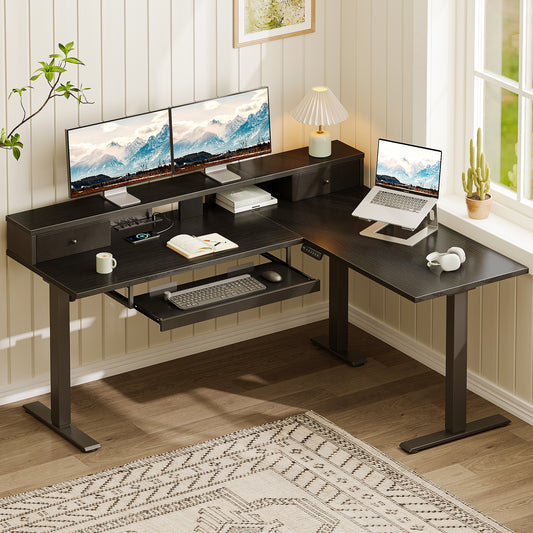 L-Shaped Electric Standing Desk, Height Adjustable Corner Desk with Fabric Drawers, Computer Desk with Monitor Shelf & Keyboard Tray, 3 Power Outlets & 2 USB Ports, Black