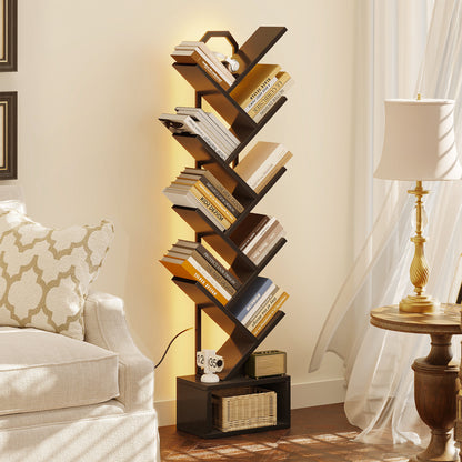 Casacomoda 8 Tier Tree Bookshelf, Bookcase with LED Lights, Display Floor Standing Storage Shelf, Book Organizer Shelves for Home Office, Living Room, Black