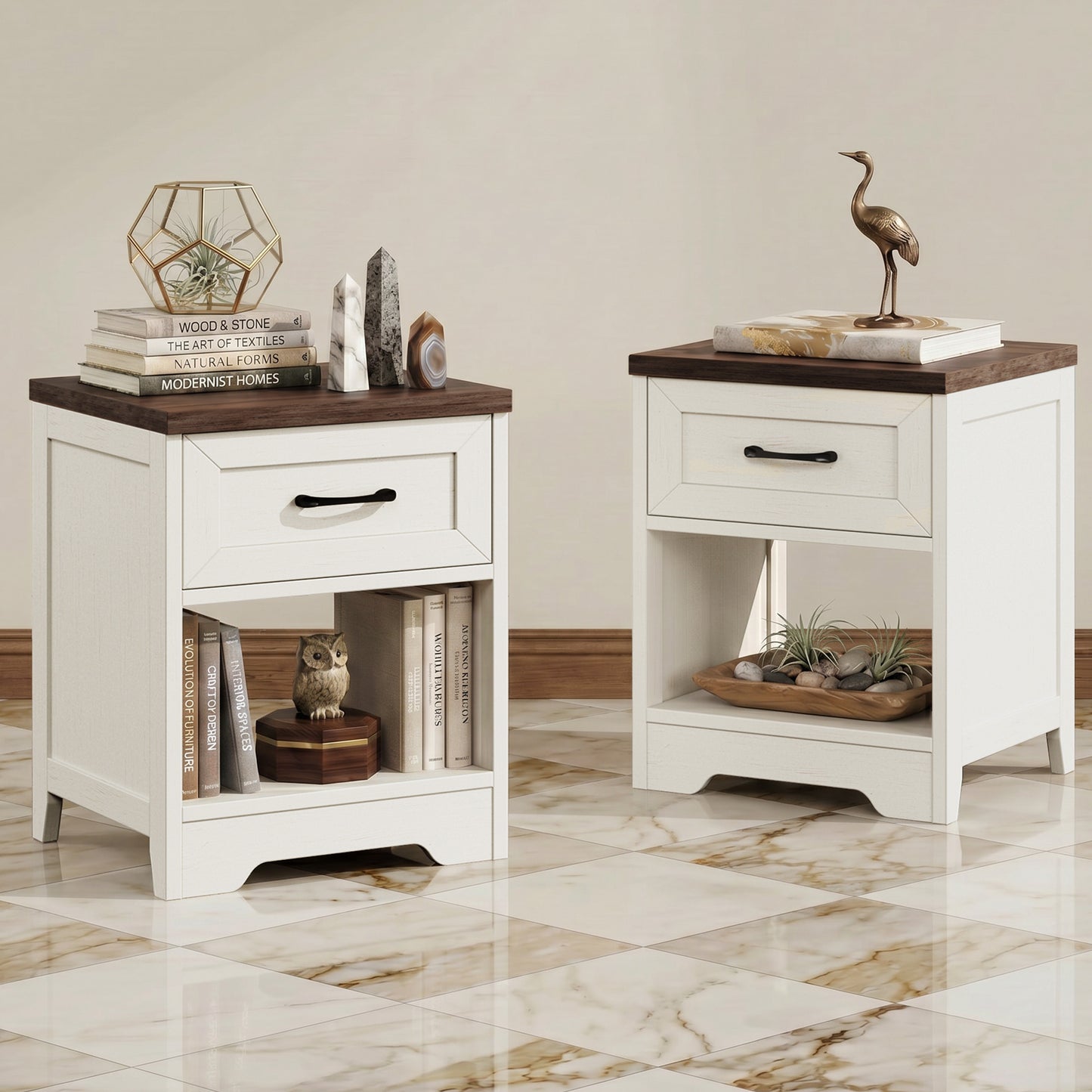 Nightstands Set of 2, Farmhouse Bedside Tables with Drawer and Open Shelf, Night Stands for Bedroom, End Tables, Side Tables, Dark Walnut & White