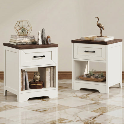 Nightstands Set of 2, Farmhouse Bedside Tables with Drawer and Open Shelf, Night Stands for Bedroom, End Tables, Side Tables, Dark Walnut & White