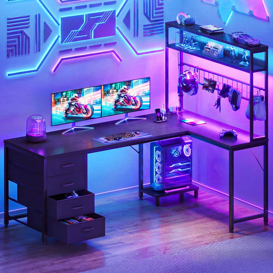 Casacomoda 59" L-Shaped Gaming Desk with 4 Fabric Drawers, LED Lights & Power Outlets, Reversible Corner Computer Desk with Hutch, Shelves & Pegboard for Home Office, Blac