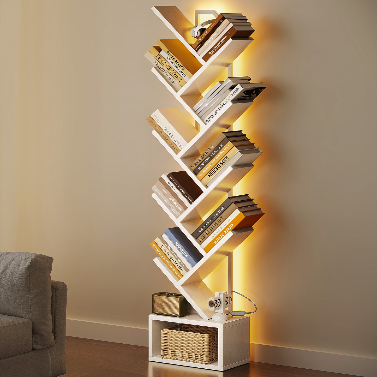 Casacomoda 8 Tier Tree Bookshelf, Bookcase with LED Lights, Display Floor Standing Storage Shelf, Book Organizer Shelves for Home Office, Living Room, White