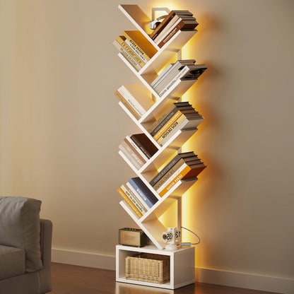 Casacomoda 8 Tier Tree Bookshelf, Bookcase with LED Lights, Display Floor Standing Storage Shelf, Book Organizer Shelves for Home Office, Living Room, White