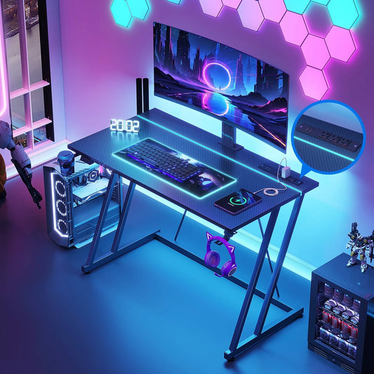 31.5 inch Gaming Desk with Z-Leg Design, Computer Desk with LED Light & Power Outlet, Gaming Table Suitable for Small Space, Black