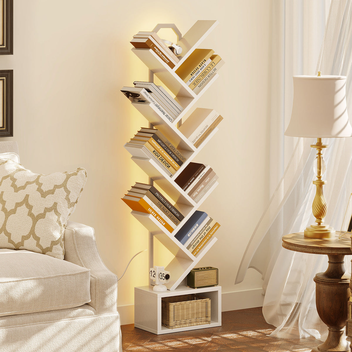 Casacomoda 8 Tier Tree Bookshelf, Bookcase with LED Lights, Display Floor Standing Storage Shelf, Book Organizer Shelves for Home Office, Living Room, White