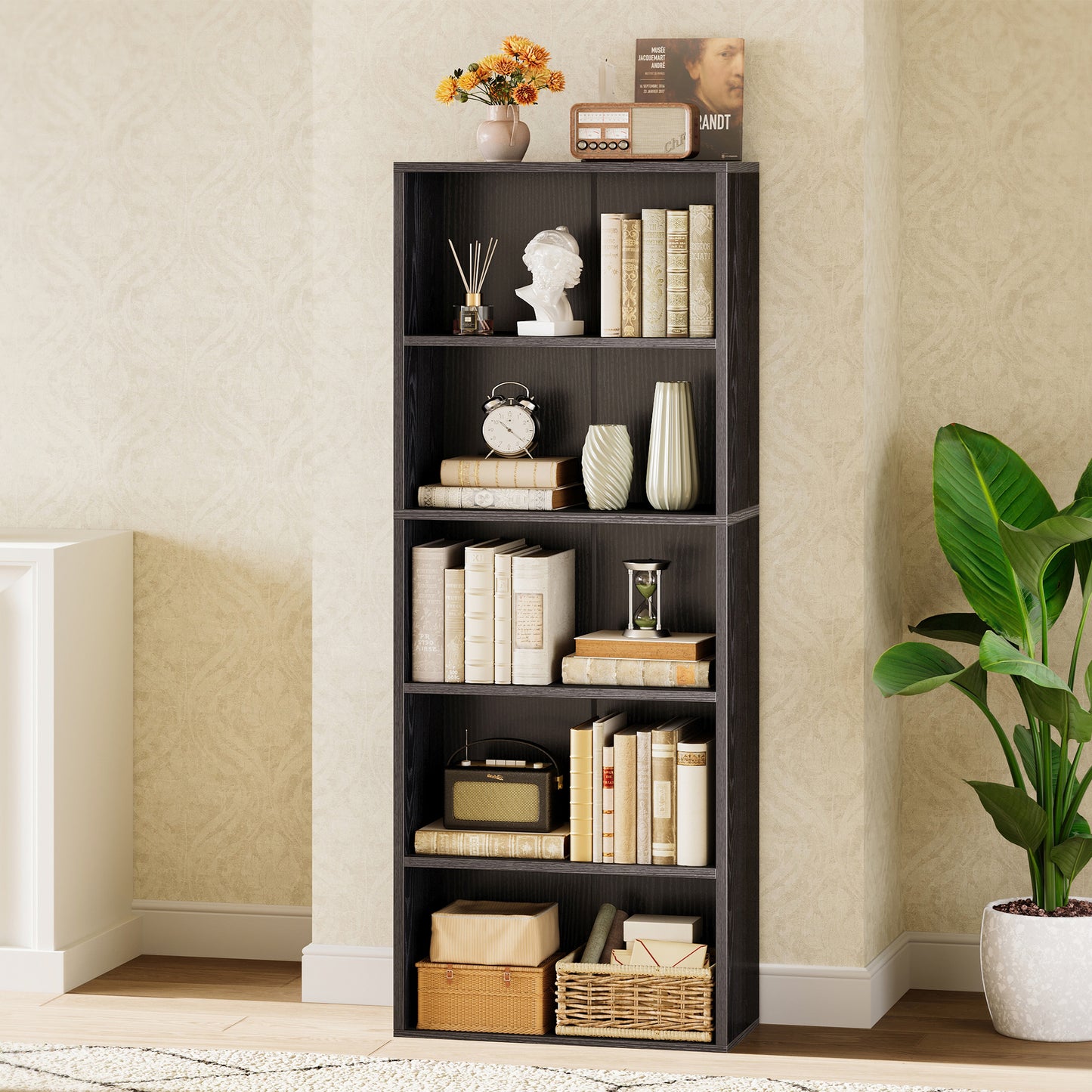 Casacomoda Tall Bookcase, Bookshelf, 5-Tier Display Storage Shelf, Space-Saving Bookshelf for Living Room, Bedroom, Home Office, Black