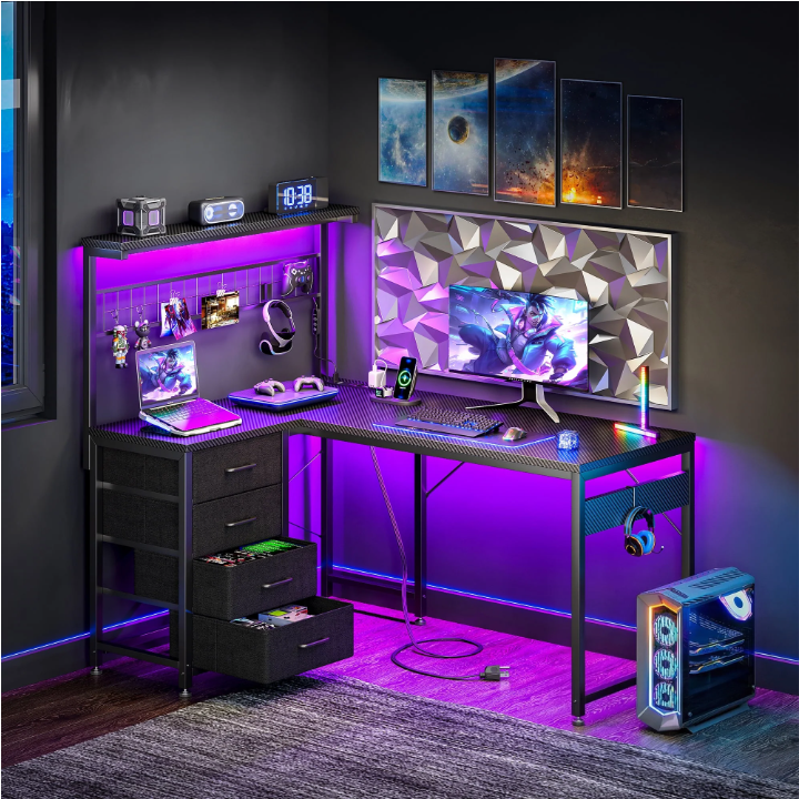 Casacomoda 43 inch L Shaped Desk with 4 Storage Drawers, Reversible L Shaped Gaming Desk with Power Outlets & LED Lights, Computer Desk with Movable CPU Stand & Hutch for Home Office, Black
