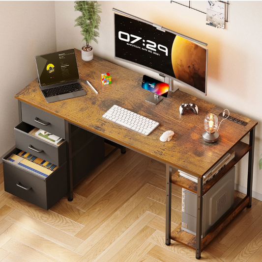 51 Inch Computer Desk with File Drawers & USB Power Outlets- Reversible Home Office Desk with Storage Shelves, Work from Home, Writing Table for Bedroom, Vintage