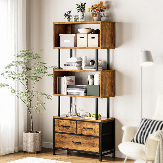 Casacomoda Bookshelf with 3 Drawers, Freestanding Geometric Bookcase, Industrial Display Shelf Unit, Wood and Metal Decorative Room Divider for Living Room, Bedroom, Home Office, Vintage