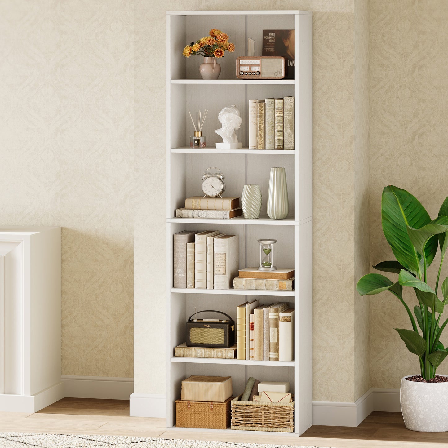 Casacomoda Tall Bookcase, Bookshelf, 6-Tier Display Storage Shelf, Space-Saving Bookshelf for Living Room, Bedroom, Home Office, White