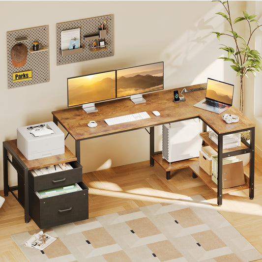 Casacomoda 63 Inch L Shaped Desk with Power Outlets, Large Computer Desk with File Drawer, Home Office Desk with Printer Stand & Storage Shelves, Corner Desk, Vintage