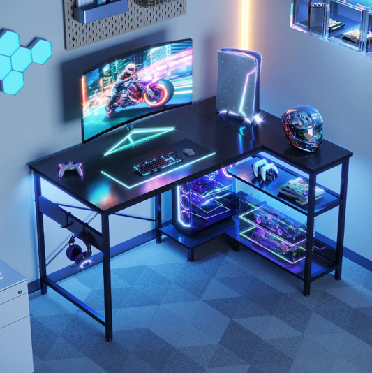 40 inch Small Office Desk with Storage Shelve, Student Writing Table for Small Spaces, Headphone Hooks, Black