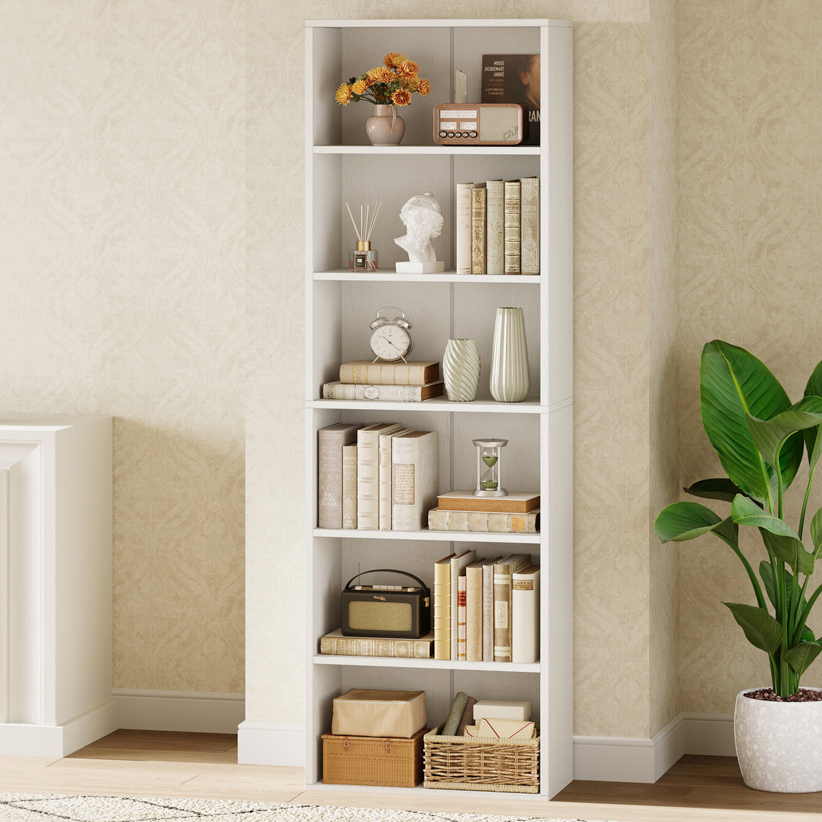 Casacomoda Tall Bookcase, Bookshelf, 6-Tier Display Storage Shelf, Space-Saving Bookshelf for Living Room, Bedroom, Home Office, White