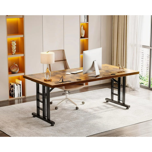 71 Inch Executive Office Desk with USB and Type-C Ports, Extra Wide Computer Workstation with Power Outlets, Heavy Duty Home Office Desk for Adults, Vintage