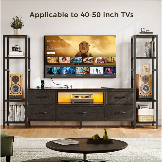 Casacomoda TV Stand for 40–50 " TV, Entertainment Center with LED Lights & Power Outlets, 71" TV Console with 5 Fabric Drawers and Open Shelves for Living Room or Bedroom, Black