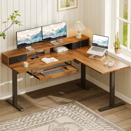 L-Shaped Electric Standing Desk, Height Adjustable Corner Desk with Fabric Drawers, Computer Desk with Monitor Shelf & Keyboard Tray, 3 Power Outlets & 2 USB Ports, Vintage and Black