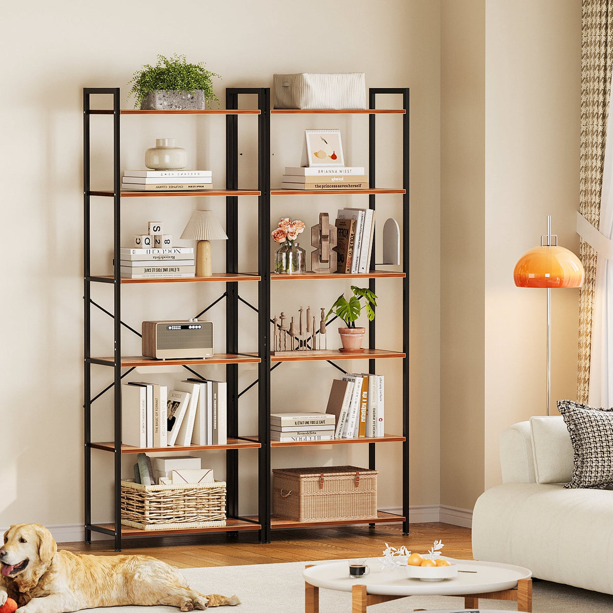 Casacomoda 6-Tier Tall Bookshelf, Large Bookcase with Steel Frame, Deep Book Shelf for Living Room, Home Office, Study, Industrial Style, Vintage