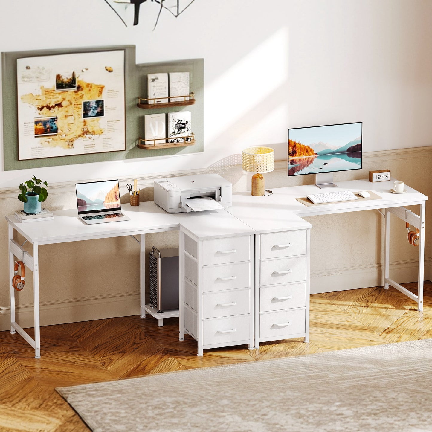 40 inch Computer Desk with 4 Fabric Drawers — Home Office Desks with Storage, Writing Desk with Side Hook, Desk Study/Work Table for Bedroom and Small Space, White