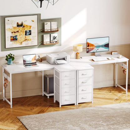 40 inch Computer Desk with 4 Fabric Drawers — Home Office Desks with Storage, Writing Desk with Side Hook, Desk Study/Work Table for Bedroom and Small Space, White