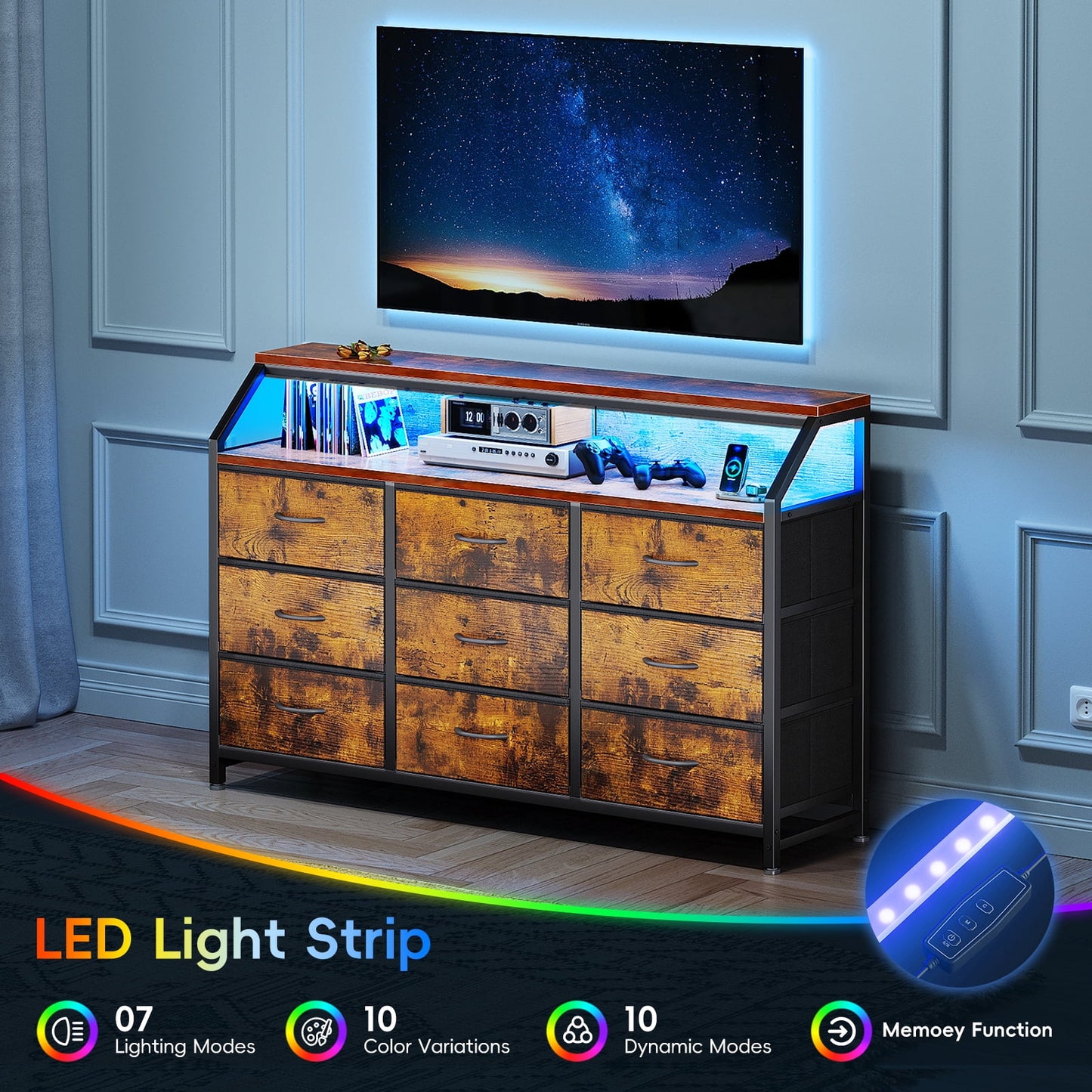 Casacomoda 55 inch Dresser with LED Lights , Dresser for Bedoom with 9 Storage Drawers, Black and Vintage