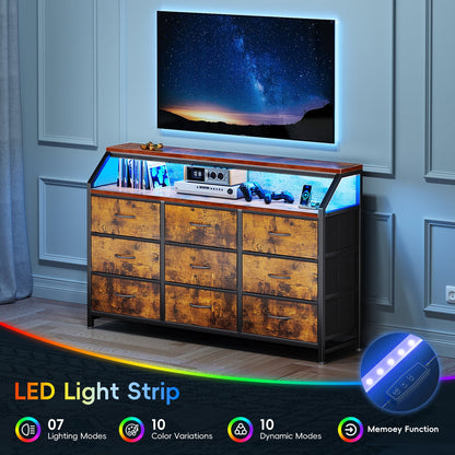 Casacomoda 55 inch Dresser with LED Lights , Dresser for Bedoom with 9 Storage Drawers, Black and Vintage