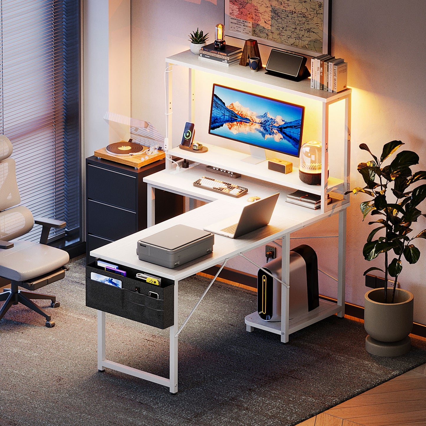 Casacomoda 43 Inch L Shaped Desk with LED Light & Power Outlet, Reversible L Shaped Computer Table with Shelf & Hook for Home Office, White